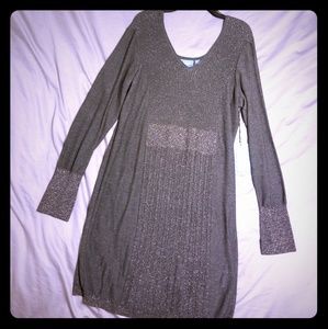 Brand New Gray Sparkly V-Neck Sweater Dress